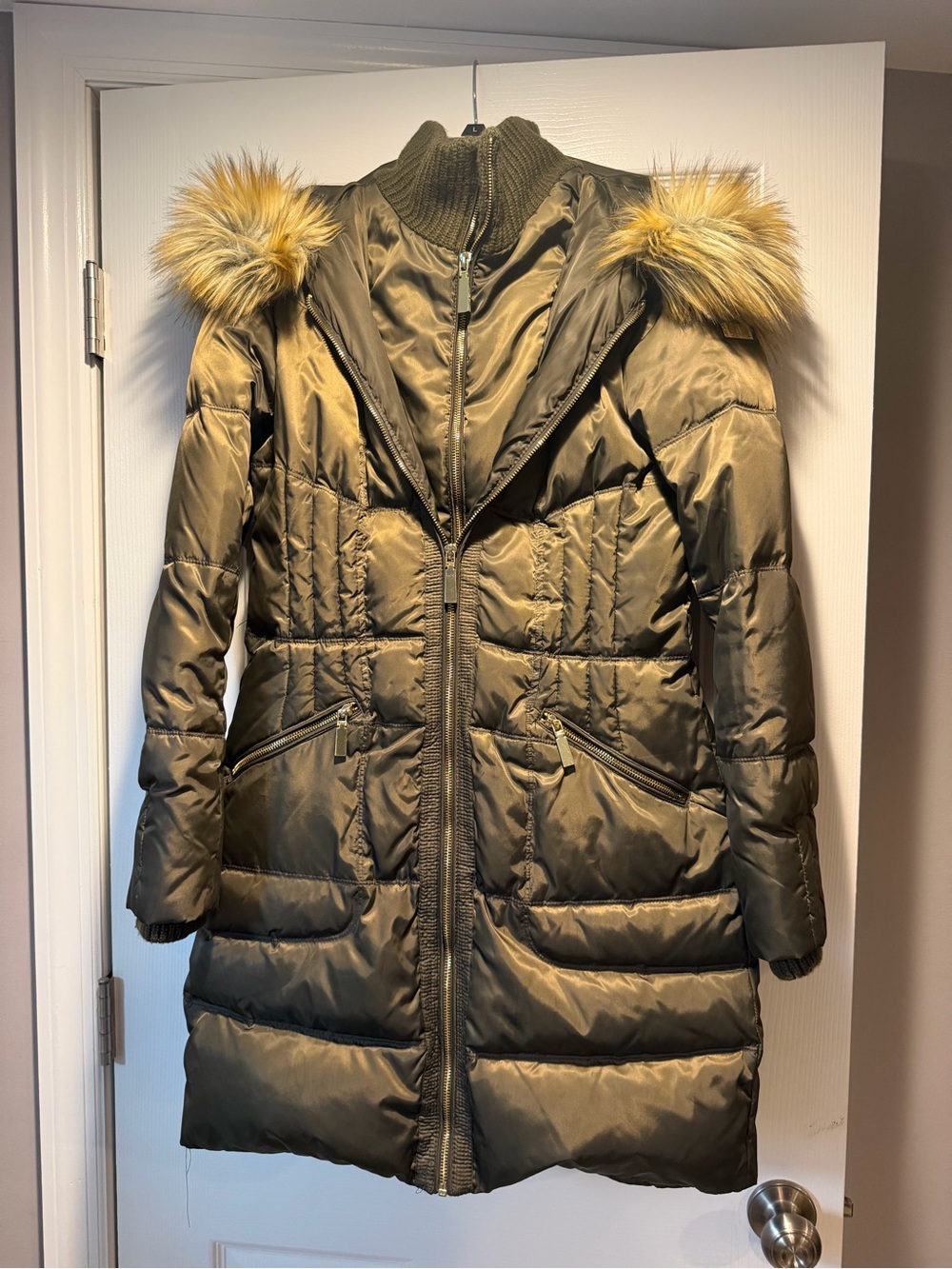 Vince Camuto Olive Puffer Coat with Faux Fur Trim Hood